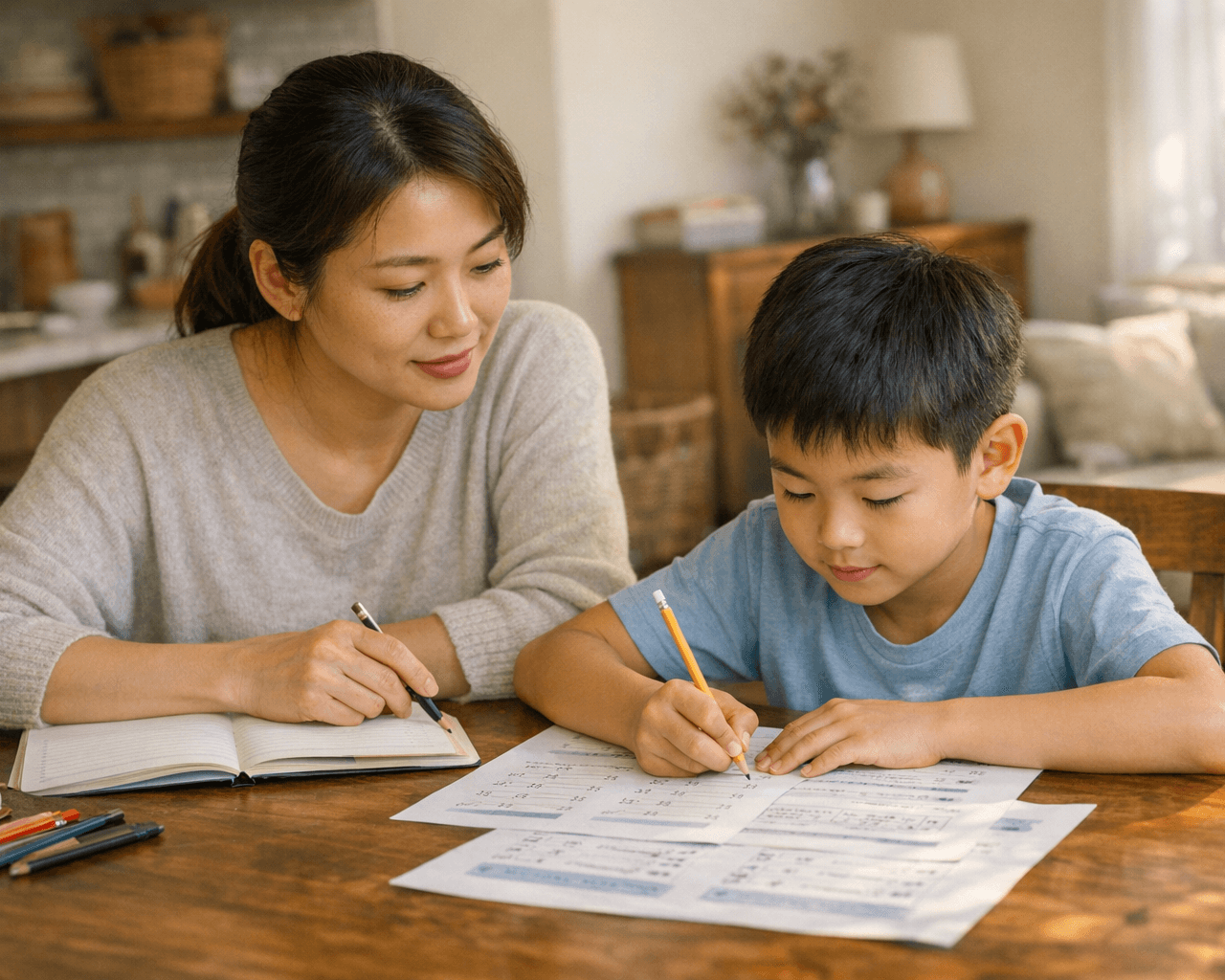 Asian parent guiding a child through practice pages at home