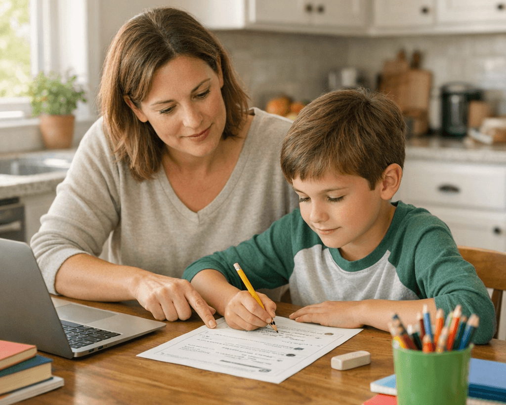 Parent guiding a child through a homeschool worksheet