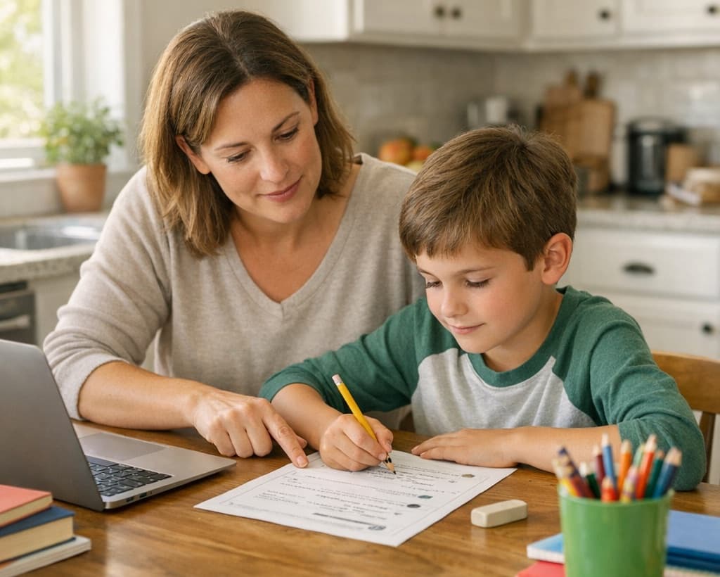 Parent guiding a child through a homeschool worksheet